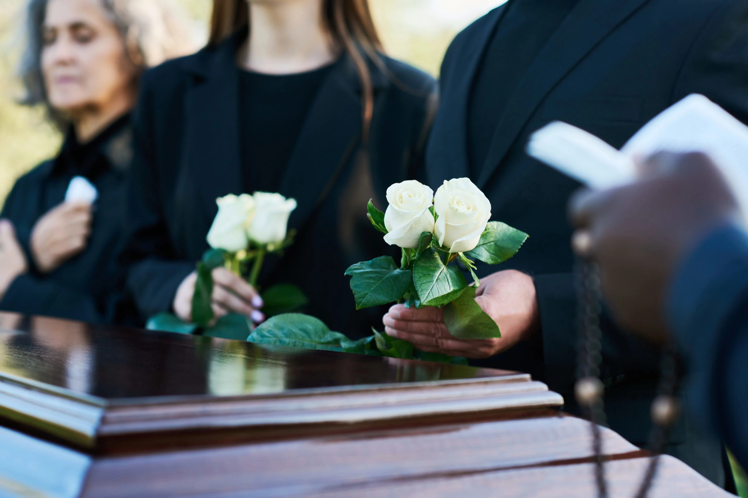 focus on two fresh white roses-held by man in black